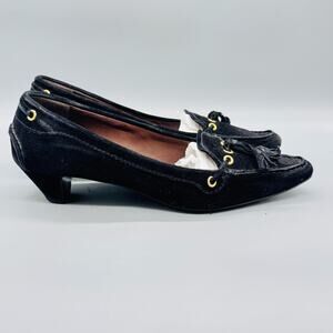 Car Shoe Prada Shoes Womens 9 Black Suede Tassel Loafer Low Kitten Heel Pumps